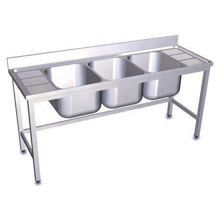 Fregadero con soporte 3C,2E 1800x600x850 mm. Dimensiones cubeta 500x400x300 mm.