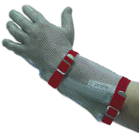 Guante largo color rojo ambidiestro, talla M, 5 dedos, malla de acero inox.