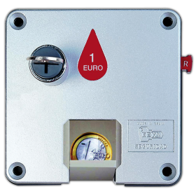 Cerradura de retorno de monedas para puerta izquierda Dimensiones: 110x110x16.8 mm.