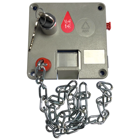 Cerradura con cadena 1 mt. de retorno de monedas para carro Dimensiones: 110x1.5x125 mm.