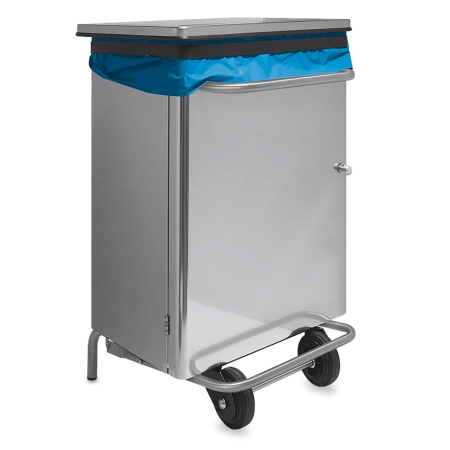 Papelera inox. con tapa y pedal. Apertura frontal. 360x460x700 mm. Capacidad: 70 l.